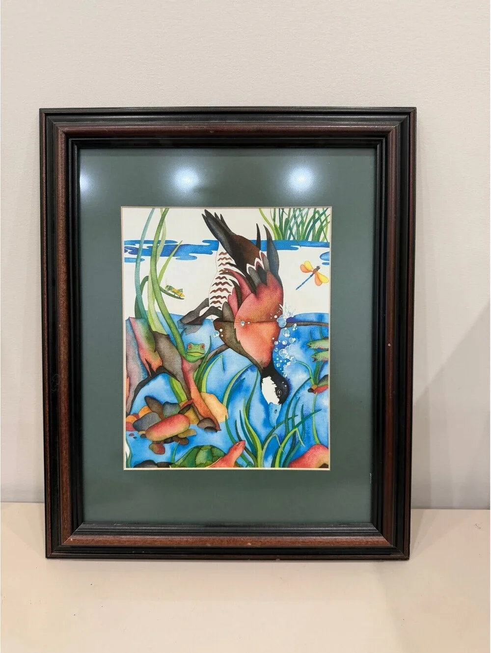 Framed Watercolor Painting of a Bird Diving in Pond Scene